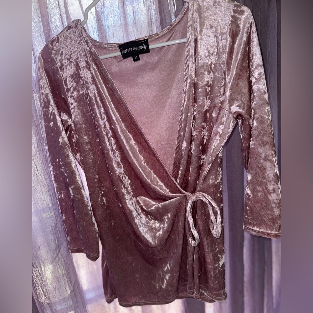 Pink 3/4 Sleeve Wrap Blouse with Tie Front